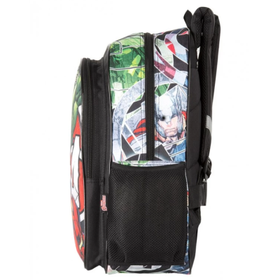 Mochila escolar polivalente com estampado de super-herói em várias cores e bolso lateral de rede preta