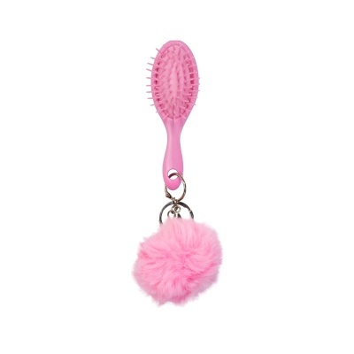 Escova de cabelo pequena rosa com bolinha de pelúcia cor-de-rosa