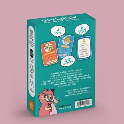 Caixa de jogo educativo com cartas de animais em português, na cor verde azulado