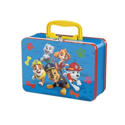 Estojo metálico azul com personagens da Patrulha Pata e alça amarela