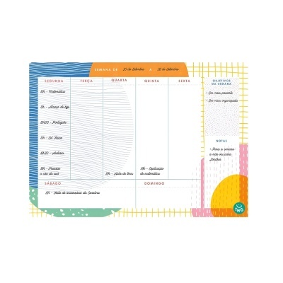 Agenda semanal colorida com decoração gráfica e texto manuscrito