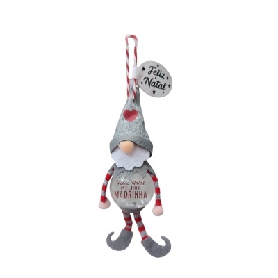Boneco pendente de Natal cinzento e vermelho com texto para madrinha