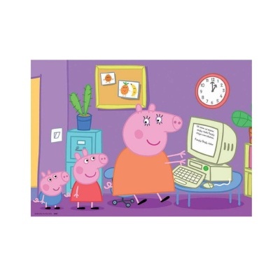 Ilustração de personagens de porcos com computador vintage num ambiente roxo