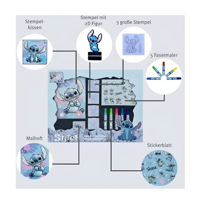 Conjunto de carimbos e materiais de desenho do Stitch com várias peças e texto explicativo em alemão