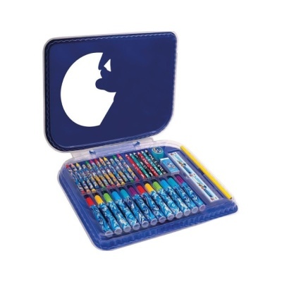 Estojo azul com lápis de cor e canetas hydrográficas coloridas