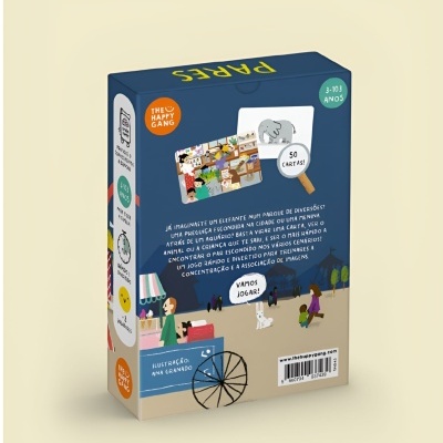 Embalagem do jogo de cartas 'Pares' para crianças, azul escuro com ilustrações coloridas