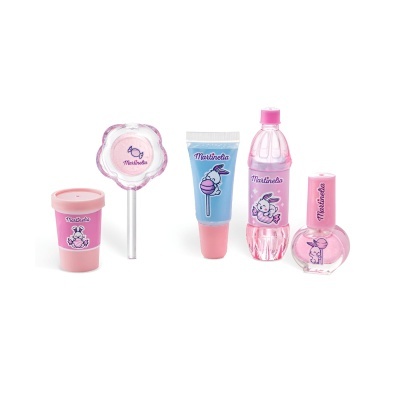 Conjunto de produtos de beleza rosa com rótulos de animais e texto Martimola