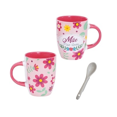 Caneca cerâmica com colher "Mãe Mais Linda"