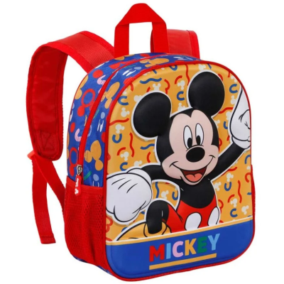Mochila infantil vermelha, azul e amarela com imagem do Mickey e texto 'MICKEY'.