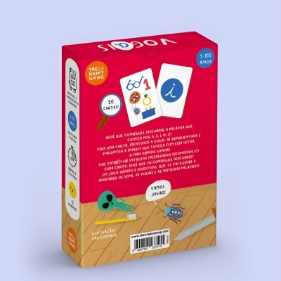 Embalagem do jogo de cartas Vogais com 50 cartas para idades 5-105 anos