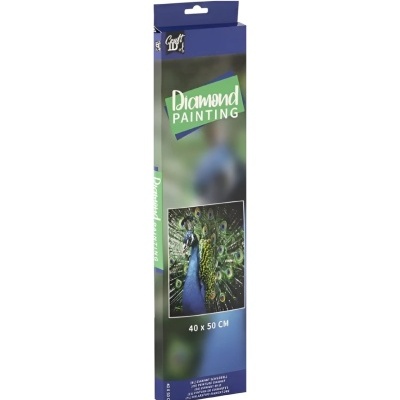 Embalagem de quadro de pintura com diamantes, imagem de pavão e texto Diamond Painting