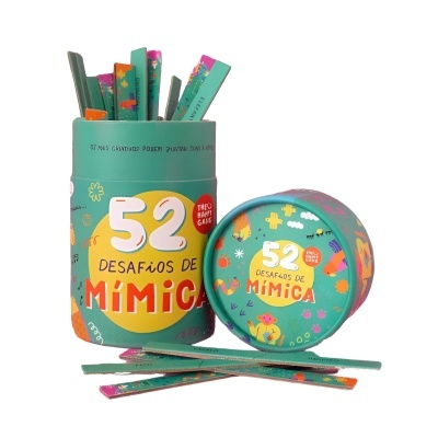 Jogo 52 desafios de mímica em embalagem cilíndrica verde com bastões coloridos