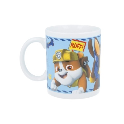 Caneca branca com personagem de cão em desenho animado e texto RUFF