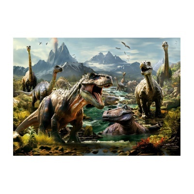 Ilustração colorida de dinossauros em ambiente natural com montanhas e lago