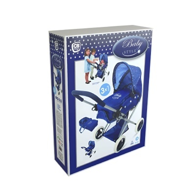 Caixa de carrinho de bebé estilo brinquedo azul com pontos brancos