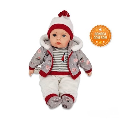 Boneca bebé vestida com roupa cinzenta e vermelha com selo BONECA COM SOM