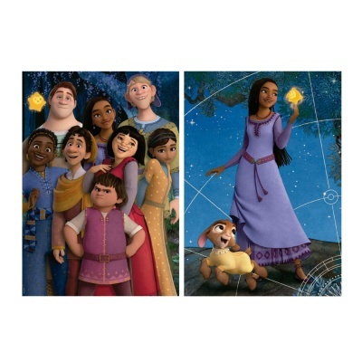 Imagem de personagens de animação em roupas de fantasia, incluindo grupo e personagem individual com estrela brilhante.