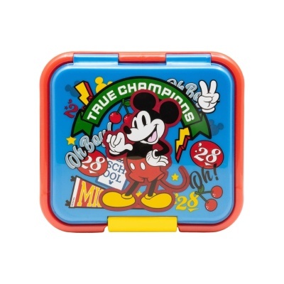 Lancheira quadrada azul e laranja com desenho de Mickey Mouse e texto 'TRUE CHAMPIONS'