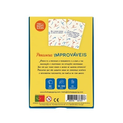 Embalagem traseira do jogo de cartas Perguntas Improváveis com texto e ícones