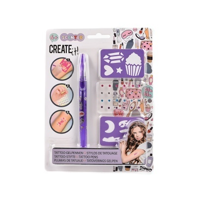 Conjunto para tatuagens temporárias com caneta gel perfumada e moldes plásticos roxos