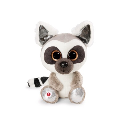 Pelúcia de guaxinim com olhos grandes e pelo branco, bege, cinzento e preto