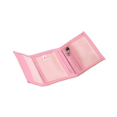 Carteira rosa aberta com padrão de linhas cruzadas e fecho de correr