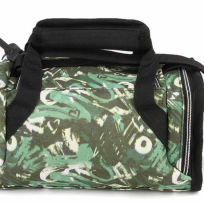 Bolsa de viagem pequena com padrão abstracto verde, branco e castanho