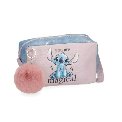 Estojo rosa e azul com Stitch e pompom cor-de-rosa