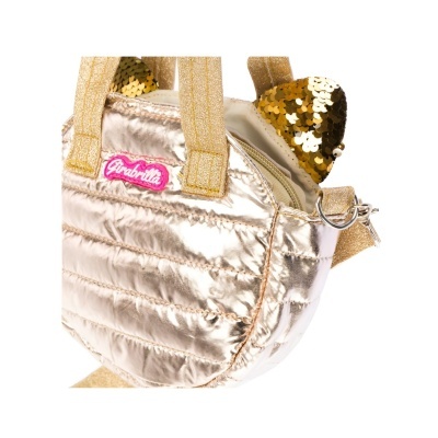 Mala pequena prateada acolchoada com alças douradas e detalhes em lantejoulas douradas