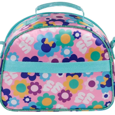 Bolsa pequena com padrão de flores coloridas e alças azuis