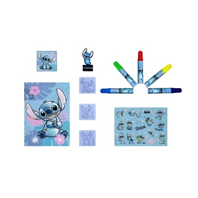 Material escolar do Stitch com marcadores, carimbo, blocos, caderno e autocolantes.