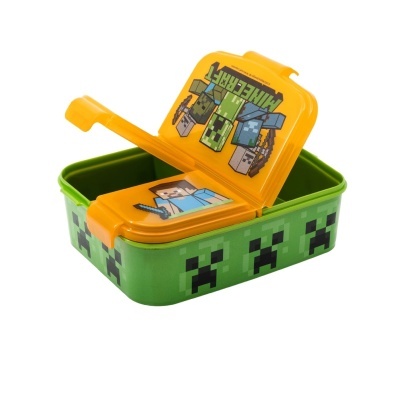 Marmita verde com padrão e tampa amarela com personagens Minecraft