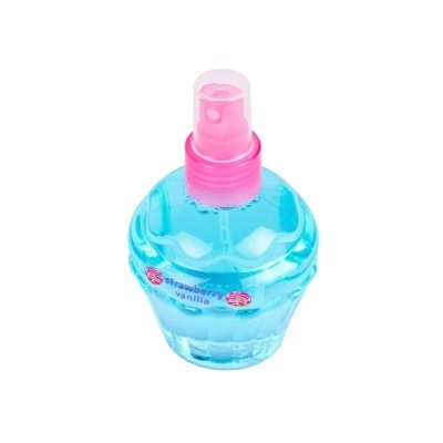 Frasco de spray azul e rosa com etiqueta strawberry vanilla