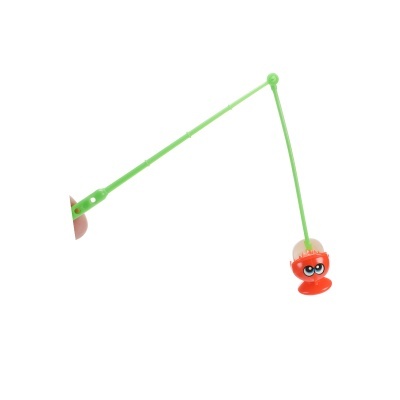 Brinquedo de pesca infantil com cana verde e peixe vermelho com olhos e óculos pretos