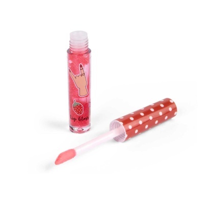 Gloss labial rosa com tampa vermelha com bolinhas brancas