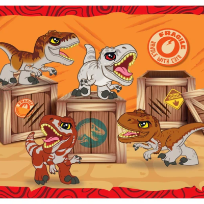 Dinossauros de brinquedo com caixas de madeira e selo de frágil