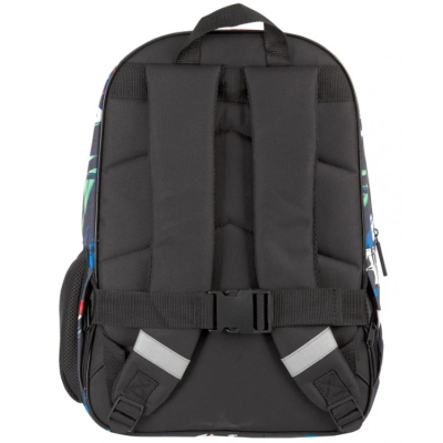 Mochila preta com alças acolchoadas e tiras ajustáveis vista de trás