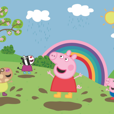 Personagens animados em campo verde com arco-íris, lama e céu azul com sol e nuvens.