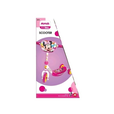 Trotinete infantil rosa e branca com personagem Minnie e decoração floral