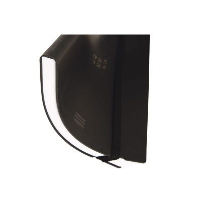 Caderno preto com capa rígida e bordas brancas das páginas