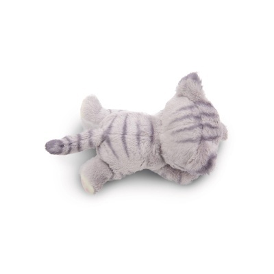 Boneco de peluche cinzento em forma de gato visto de costas