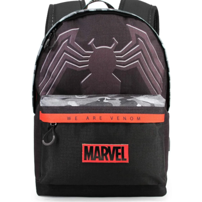 Mochila preta com símbolo de aranha cinzento, faixa vermelha com texto e logo Marvel