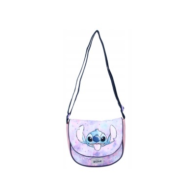 Mala tiracolo lilás com personagem Stitch azul e branco e etiqueta 'Lilo & Stitch'