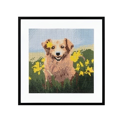 Quadro decorativo com imagem pixelizada de um cão dourado entre flores amarelas
