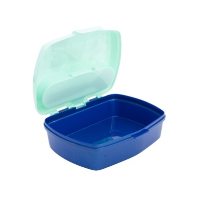 caixa plástica azul com tampa verde translúcida aberta