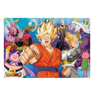 Poster colorido Dragon Ball Z com personagens principais em fundo azul com raios amarelos