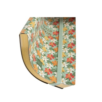 Caderno capa rígida com padrão floral e elástico verde