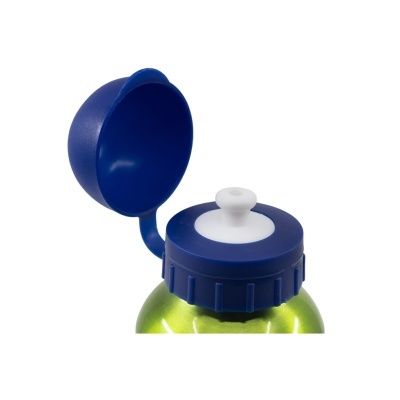 Garrafa metálica verde com tampa azul e bico branco aberta