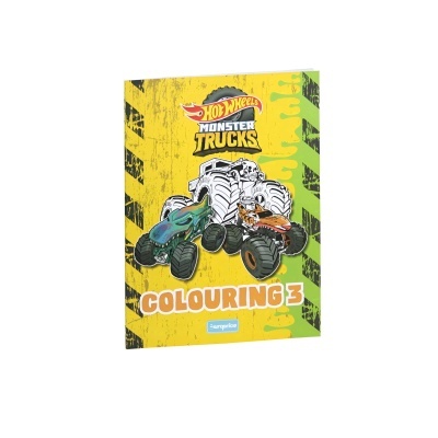 Livro de colorir Hot Wheels Monster Trucks amarelo com ilustrações de monster trucks
