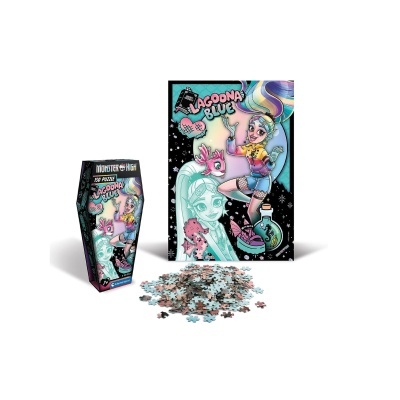 Puzzle Monster High Lagoona Blue com 100 peças e embalagem em forma de caixão preta